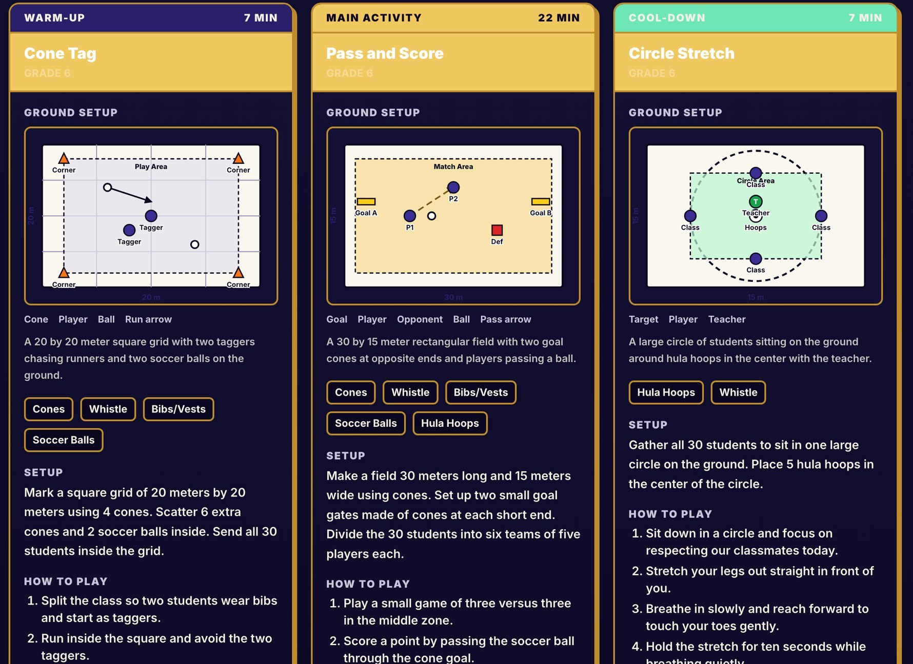 Three lesson cards from the portal: a seven minute warm-up, a twenty two minute main activity and a seven minute cool-down, each with a drawn ground plan, an equipment list and how to play.