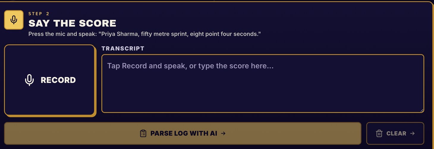 The voice entry screen: a record button, a transcript field, and an example score spoken aloud.